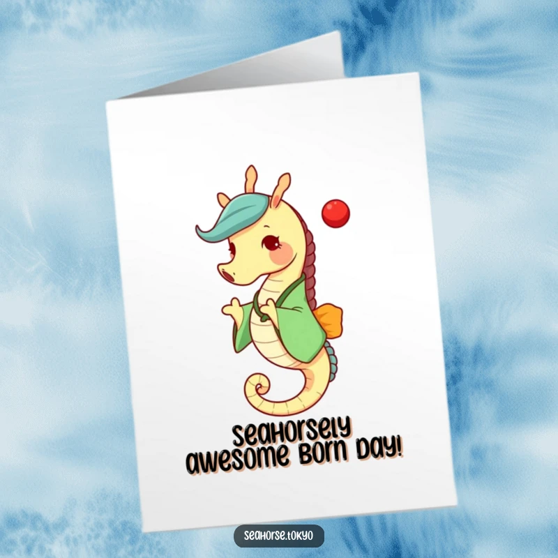 Funny Free Printable Birthday Card: Cheerful seahorse in a green kimono joyfully tossing a red ball, making it a unique gift.