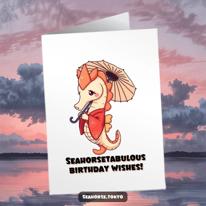 Funny Free Printable Birthday Card featuring a seahorse in a red kimono holding a tiny parasol, looking determined and elegant.