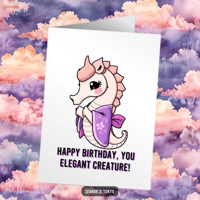 Funny Free Printable Birthday Card: Delighted seahorse in an ornate purple kimono bowing gracefully, a unique greeting.