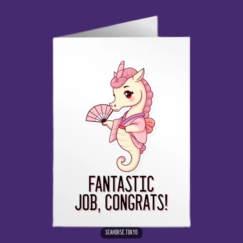 Free Printable Congrats Card: Seahorse in Pink Kimono Waves Fan for Success