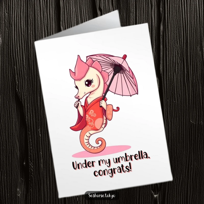 Funny Free Printable Congratulations Card: Graceful seahorse in a red kimono holding a tiny umbrella, symbolizing protection and success.