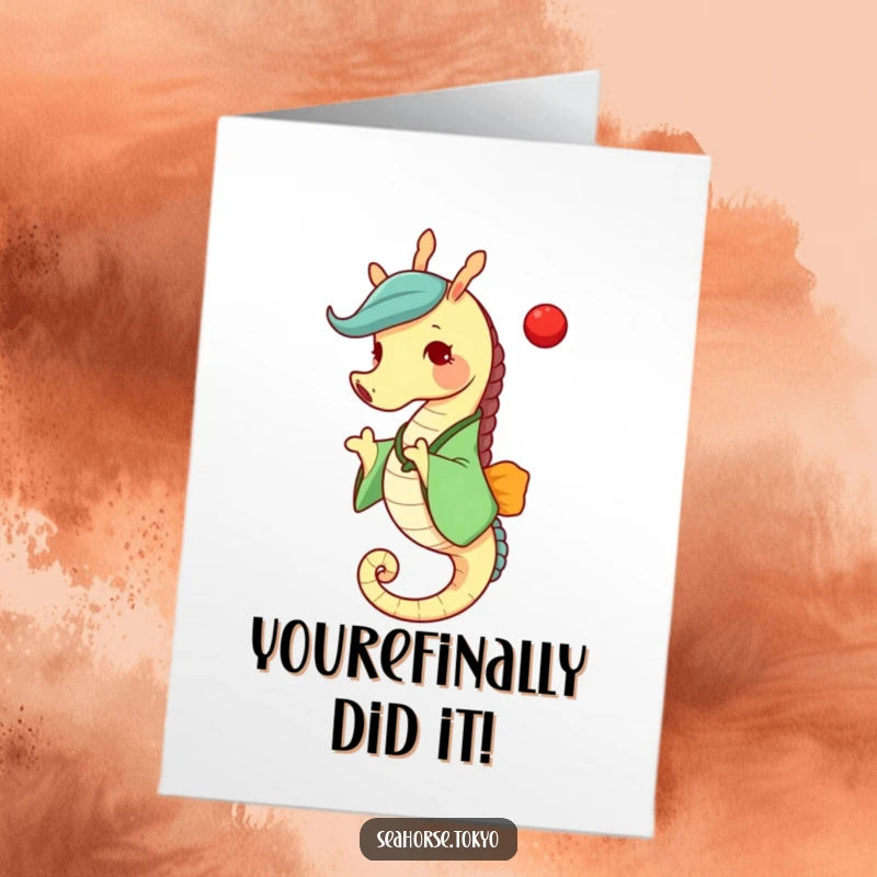Funny Free Printable Congratulations Card: Delighted seahorse in a purple kimono bowing gracefully, perfect for any celebration.