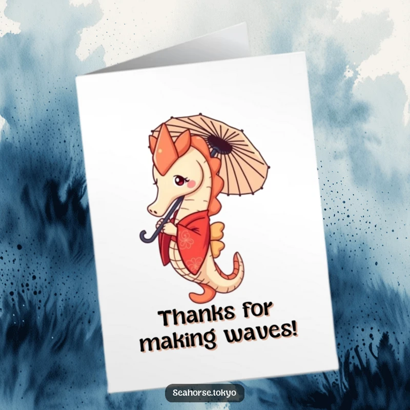 Funny Free Printable Thank You Card showcasing a seahorse in a red kimono with a parasol, expressing sincere thanks with humor.