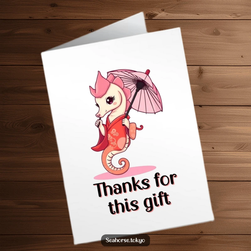 Funny Free Printable Thank You Card: Graceful seahorse in a red kimono elegantly holding a tiny umbrella, a stylish thank you.
