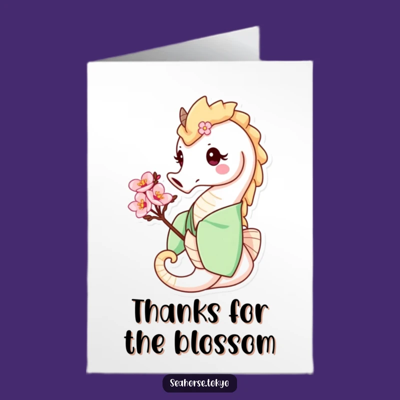 Free Printable Thank You Card: Seahorse in Green Kimono Offers Blossom Thanks