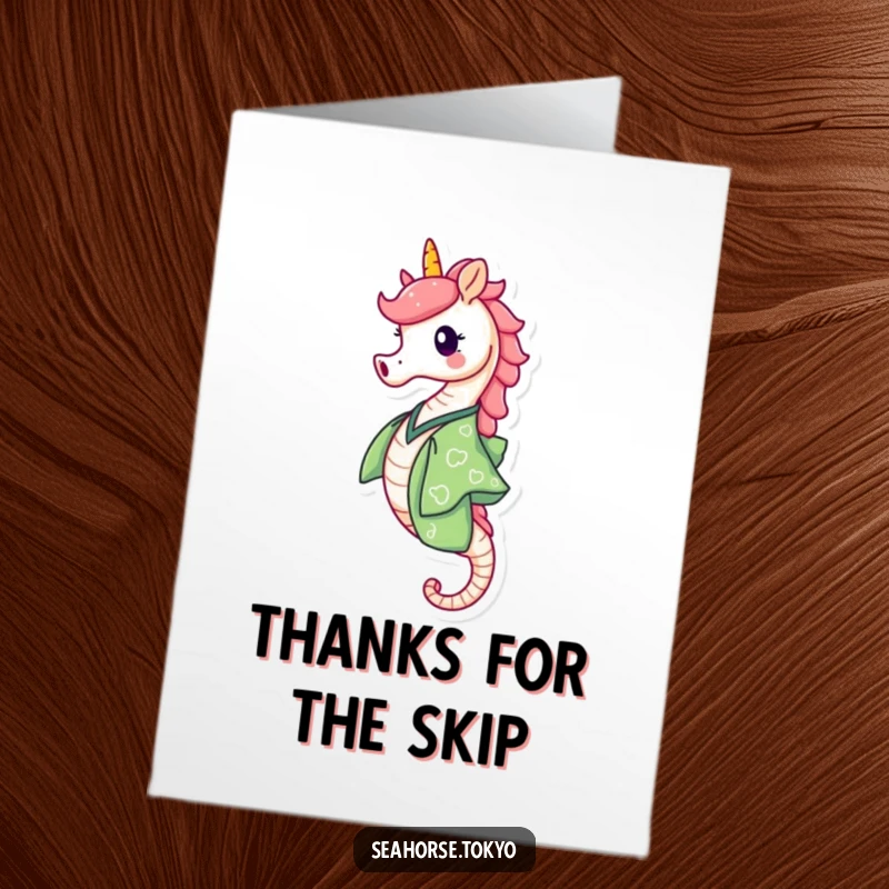 Free Printable Thank You Card: a happy seahorse in a green kimono joyfully skipping, conveying sincere thanks.
