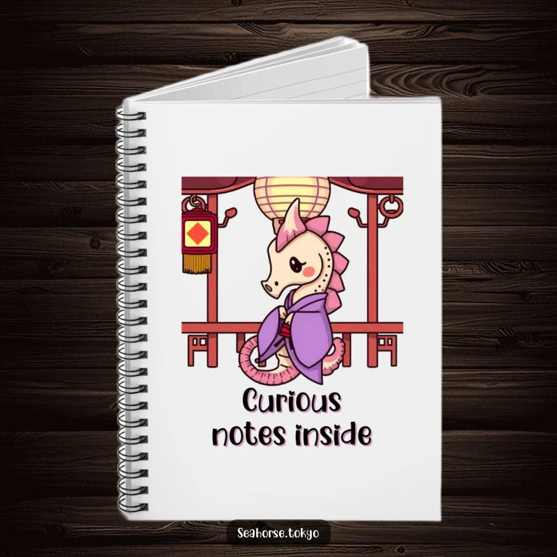 Funny Notebook cover with a seahorse in a purple kimono peeking from behind a paper lantern, perfect for capturing intriguing ideas.