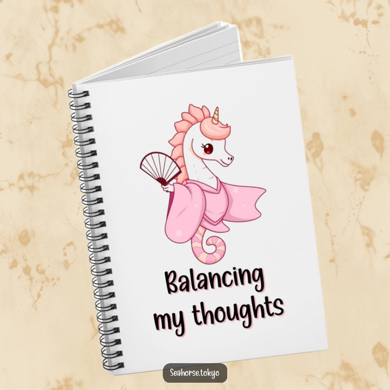 An elegant notebook cover with a cute seahorse in a pink kimono gracefully balancing a fan, encouraging creative expression and artistic note-taking.