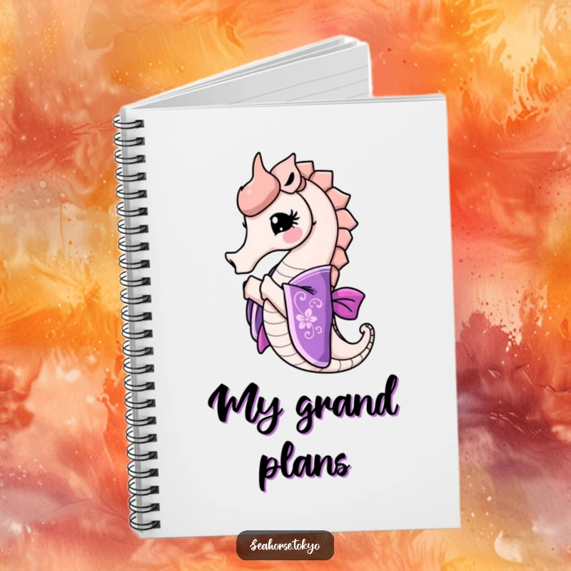 Funny seahorse in an ornate purple kimono bowing gracefully, perfect for elegant note-taking with a humorous touch.