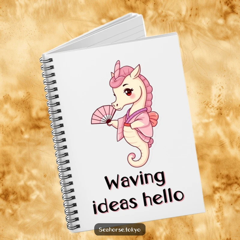 Funny Notebook featuring a tiny seahorse in a pink kimono, playfully waving a small fan, for writing and notes.