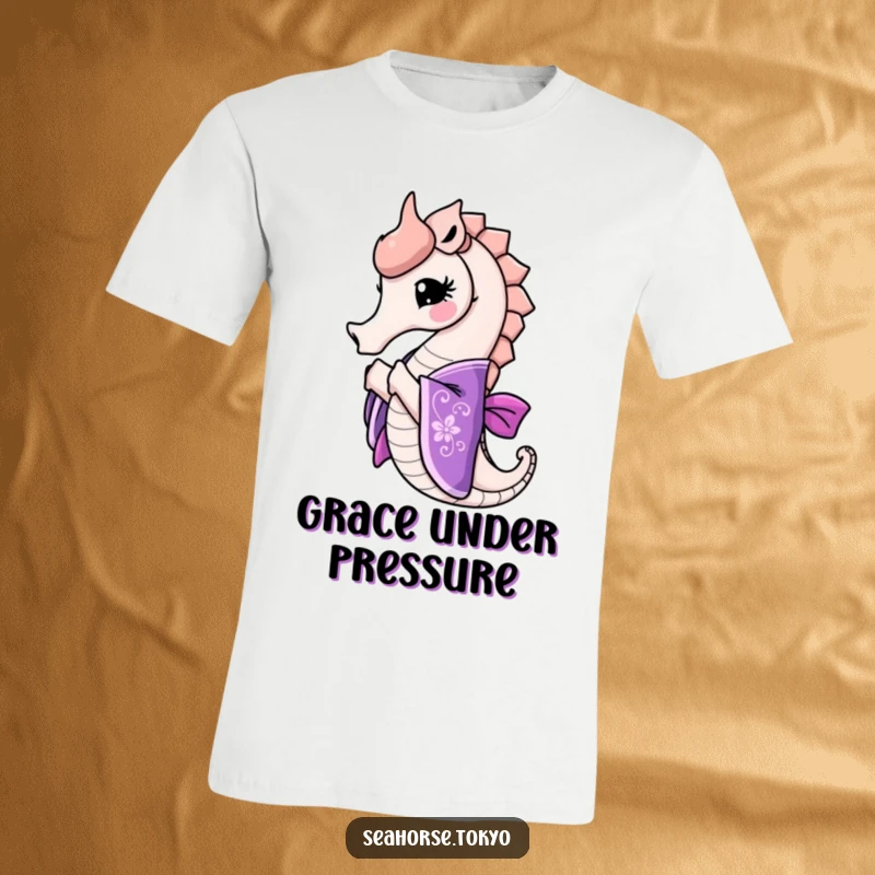 Funny seahorse in an ornate purple kimono, performing a graceful bow, symbolizing elegance and a touch of humor.