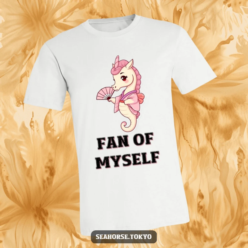Funny T-Shirt with a tiny seahorse wearing a pink kimono, playfully waving a small fan, bringing aquatic charm.