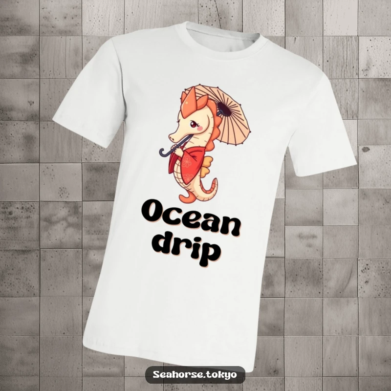 Funny seahorse wearing a red kimono, holding a small parasol, a determined look, perfect for t-shirts.