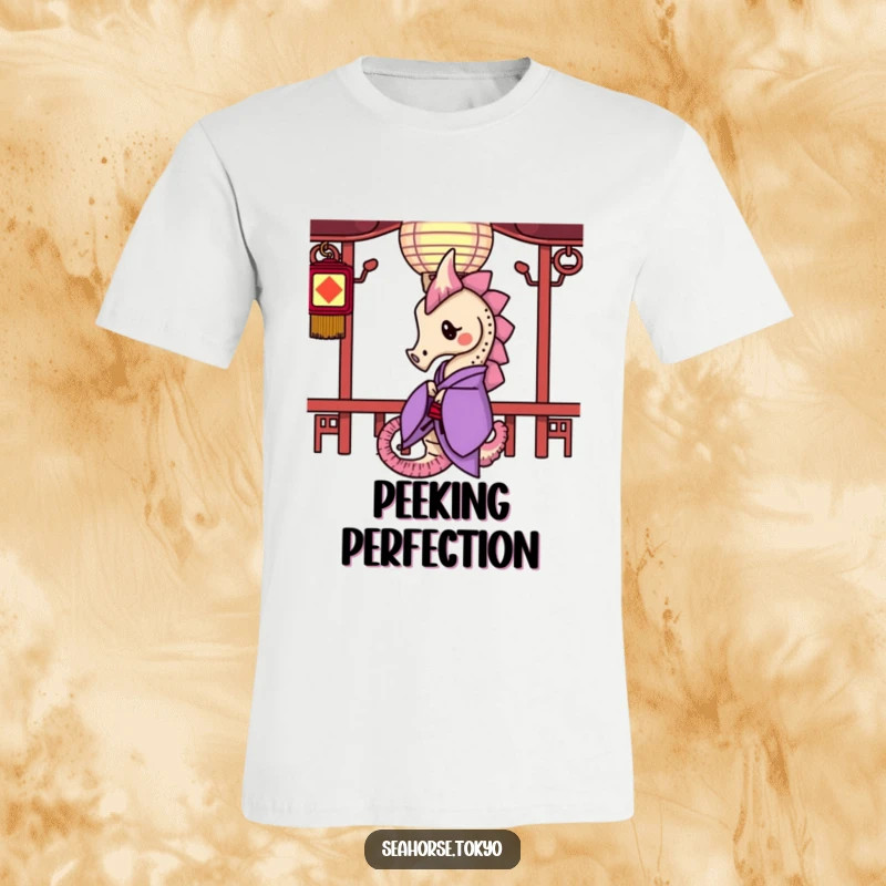 Funny T-Shirt with a seahorse in a purple kimono curiously peeking from behind a paper lantern, inviting a playful glance.