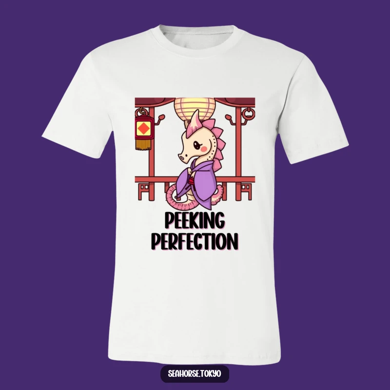 Funny Purple Kimono Seahorse T-Shirt: Curious Peeks and Playful Style