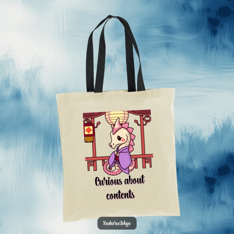 Funny Tote Bag illustrating a seahorse in a purple kimono curiously peeking from behind a paper lantern, a unique accessory.