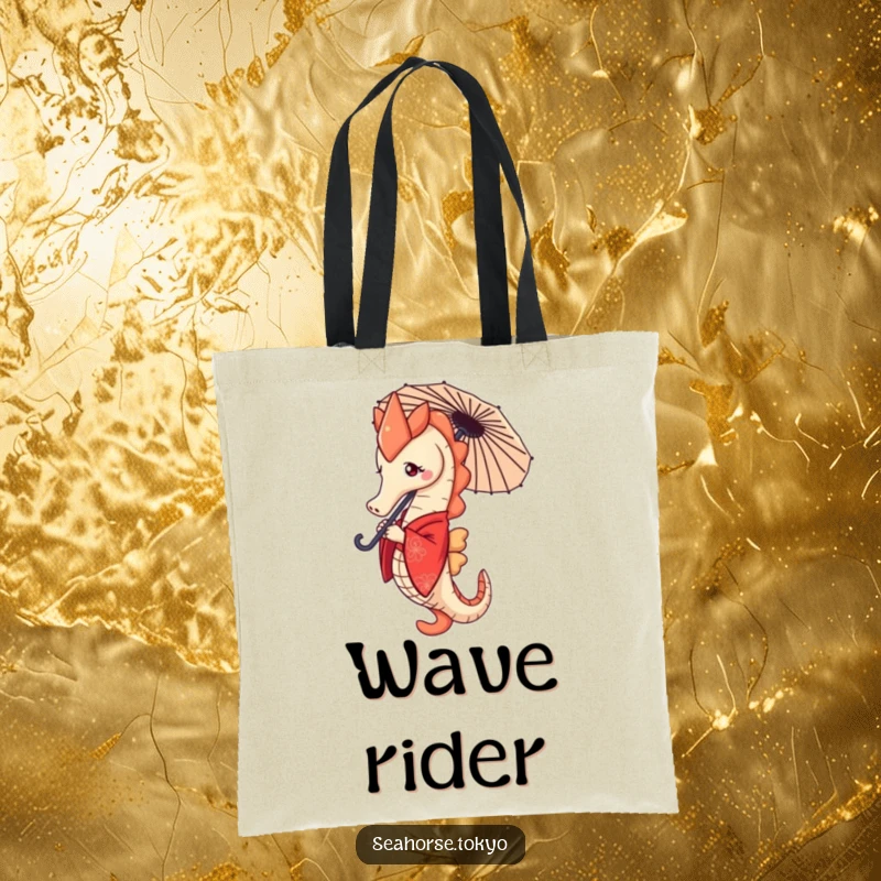 Funny determined seahorse in a red kimono, delicately holding a tiny parasol, ideal for tote bags.
