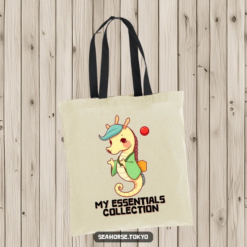 Funny seahorse in a green kimono, joyfully tossing a red ball, making this tote bag a practical and humorous accessory.