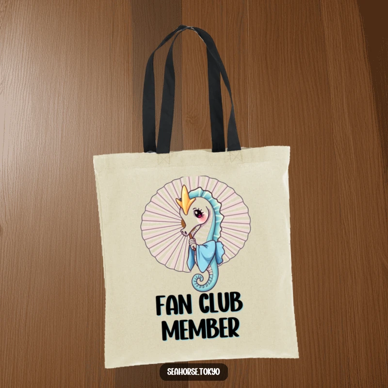 A funny tote bag with a charming seahorse in a blue kimono playfully peeking from behind a large fan, perfect for carrying essentials with personality.